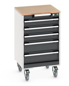 cubio mobile cabinet with 5 drawers & multiplex worktop. WxDxH: 525x525x890mm. RAL 7035/5010 or selected Bott Mobile Storage Cabinet Drawer Trolleys 525mm x 525mm